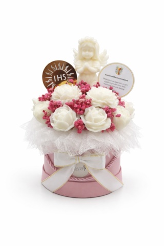 Flower Box Komunia, Chrzest Różowy M - Anielska Kompozycja